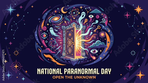 National Paranormal Day Poster with Surreal Cosmic Door Portal Illustration, Mystical Universe and Supernatural Phenomena Concept, Imagination Mystery Banner Flat Vector Design