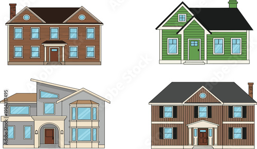 Residential House Collection with Modern and Classic Home Designs, Detailed Exterior Architecture Vector Illustration Set for Real Estate and Property Development Projects.