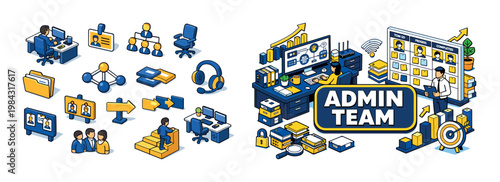 Isometric office icons and admin team illustration for business and workflow visualization