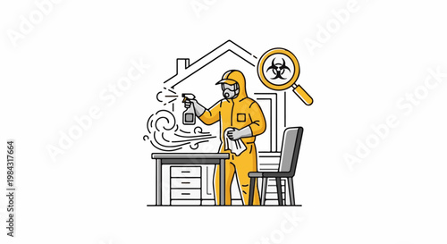 Person in hazmat suit disinfects area with spray bottle and cloth