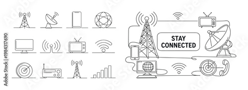 Collection of communication technology icons and symbols for connectivity