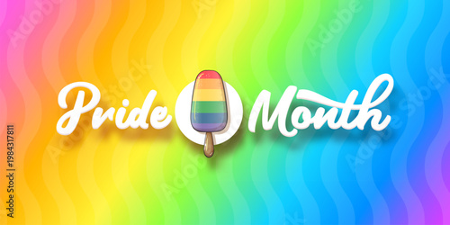 Pride Month celebration banner. Rainbow Pride month popsicle ice cream icon and white script lettering on vibrant wavy background. Modern LGBTQ support graphic for seasonal events and social media.