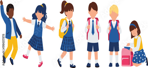 School Children in Uniform with Backpacks Showing Different Activities, Cute Kids Characters Vector Illustration for Education, Elementary Learning and Back to School Concept.