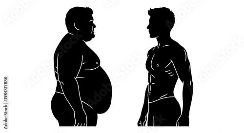 Comparison of body types between an overweight and a lean individual silhouette Vector, illustration