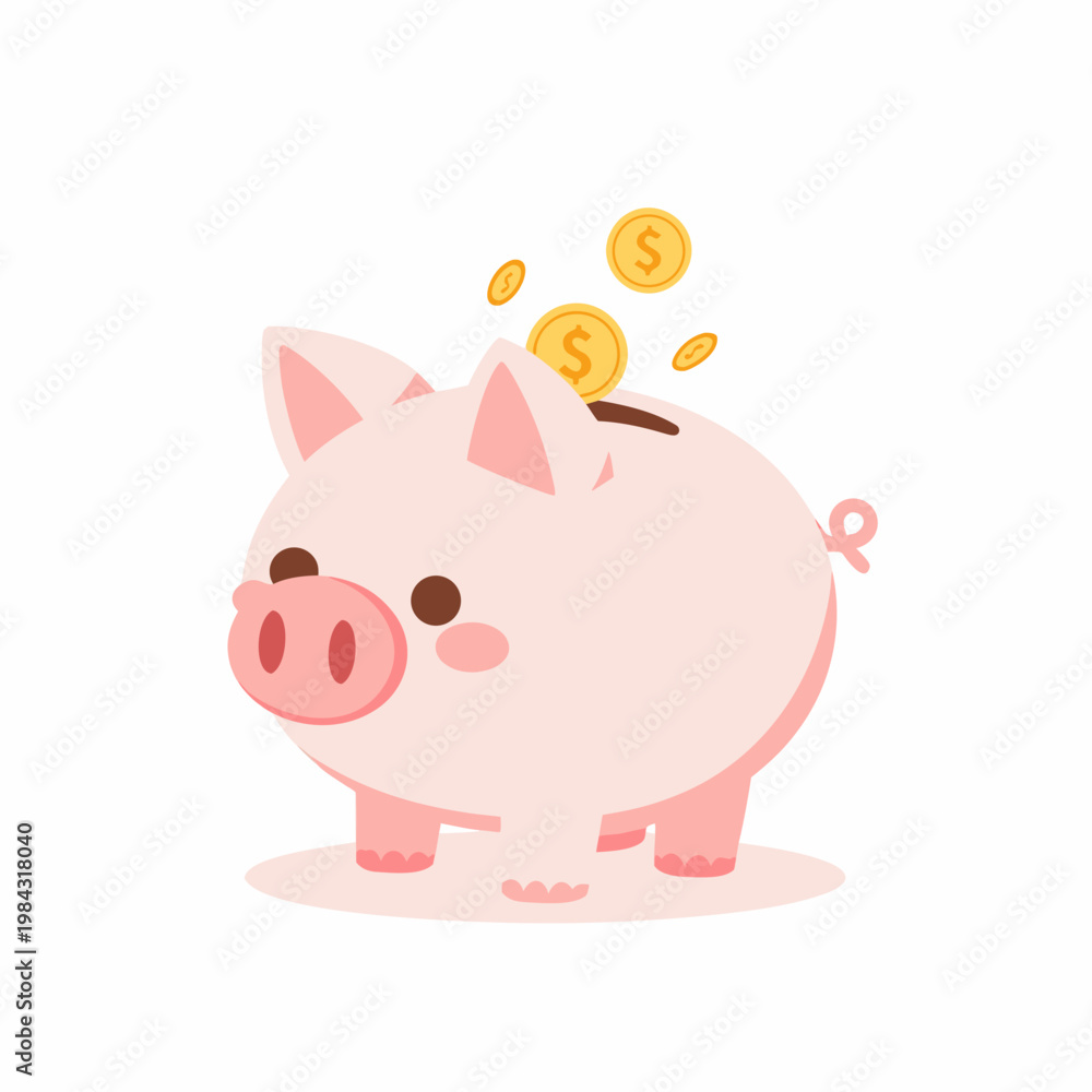 Fototapeta premium Happy Pink Piggy Bank with Multiple Gold Dollar Coins Falling Into Slot - Vector Illustration