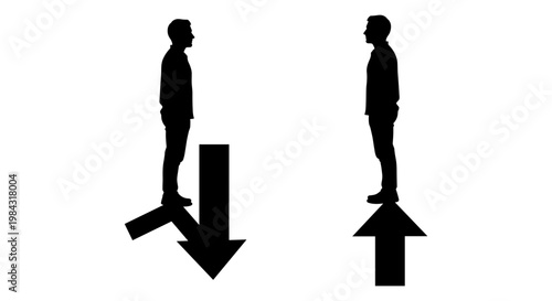 Contrast in directional movement of standing figures with arrows Vector, illustration
