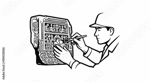 Person in helmet carefully cleaning ancient carved stone artifact