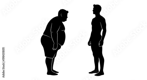 Comparison of body sizes between an overweight and a normal weight individual silhouette Vector, illustration