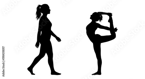 Silhouettes of a woman walking and performing a stretching exercise pose Vector, illustration