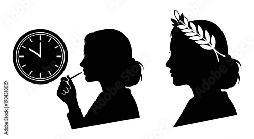 Silhouettes of timekeeping and victory with a mirror and laurel crown Vector, illustration