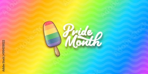 Pride Month celebration banner. Rainbow Pride month popsicle ice cream icon and white script lettering on vibrant wavy background. Modern LGBTQ support graphic for seasonal events and social media.