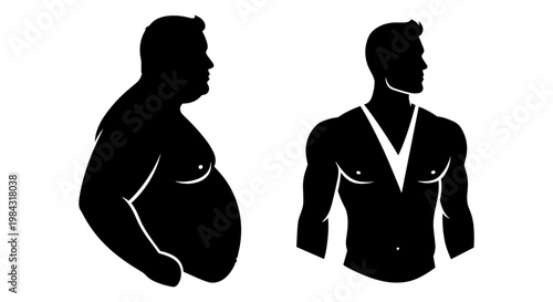 Contrast between body types illustrated by silhouette and muscular physique Vector, illustration