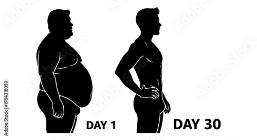 Transformation comparison between day 1 and day 30 of a fitness journey Vector, illustration