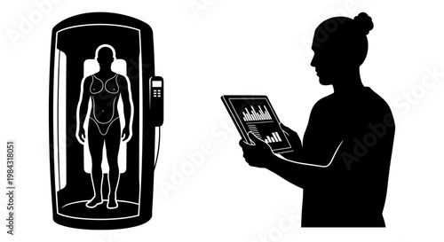 Medical professional analyzing body scan data using a tablet device Vector, illustration