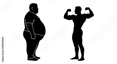 Comparison of body types between obesity and muscular physique in silhouette form Vector, illustration