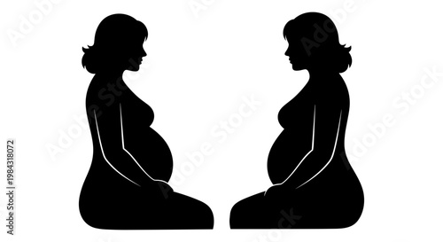 Two pregnant women sitting in a contemplative pose side by side Vector, illustration