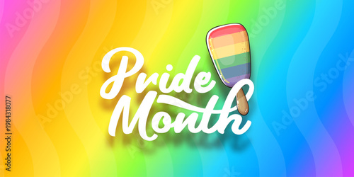 Pride Month celebration banner. Rainbow Pride month popsicle ice cream icon and white script lettering on vibrant wavy background. Modern LGBTQ support graphic for seasonal events and social media.