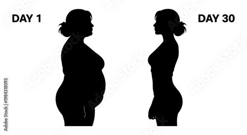 Transformation silhouette comparison between day 1 and day 30 of a fitness journey Vector, illustration