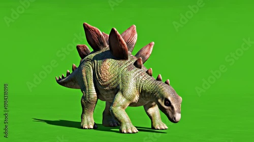 Animated Stegosaurus dinosaur walking and moving on a bright green screen background with natural lighting, full body side view shot.