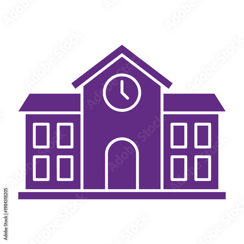 School building icon with clock tower and windows purple flat design for educational concepts