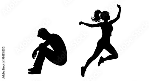 Contrast between depression and joyfulness in human silhouettes Vector, illustration