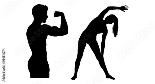 Silhouettes of a man flexing his arm and a woman stretching her arms overhead Vector, illustration