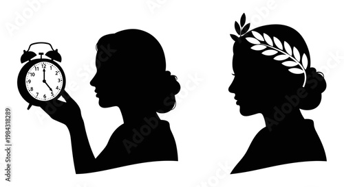 Contrast between modern urgency and classical victory in silhouette art Vector, illustration