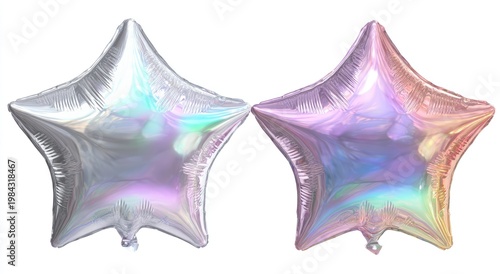 Two iridescent star-shaped balloons, one silver, one rose gold, on white