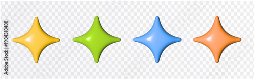 3d glossy sparkle star icons set. Realistic colorful shiny stars for rating, feedback and game ui design