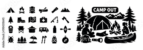 Camping and outdoor adventure icons and scene with people enjoying nature