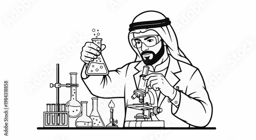 Person in traditional headwear and lab coat conducts scientific experiment with equipment