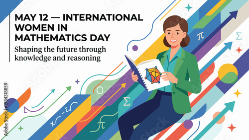 International Women in Mathematics Day May 12 Poster with Female Student Studying Math Book, STEM Education Banner, Knowledge Reasoning and Future Innovation Concept Flat Vector Illustration