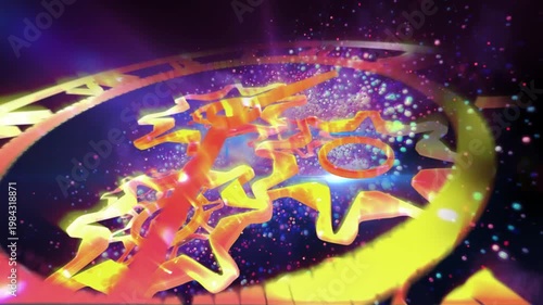 A surreal cosmic clock with rotating gears floats within a glowing galaxy, symbolizing the infinite flow of time, universal motion, and the connection between mechanics and the cosmos.
