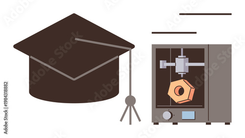 Education, innovation, 3D printing, future skills, modern learning, technology integration. Graduation cap and 3D printer creating a geometric object. Education and innovation concepts