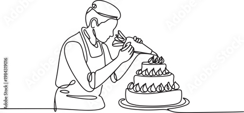 The pastry chef decorates the cake with cream using a pastry bag.one line drawing vector illustration