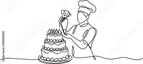 The pastry chef decorates the cake with cream using a pastry bag.one line drawing vector illustration