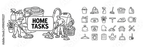 Household chores and tasks illustrated with icons and people cleaning