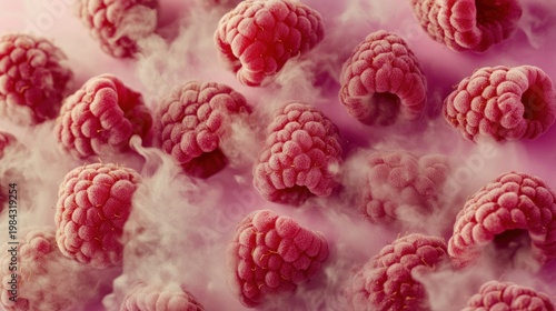 Vibrant close-up of fresh, frozen raspberries surrounded by ethereal, wispy vapor on a pink surface