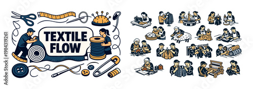 Illustrations depicting the textile manufacturing process from raw materials to finished garments