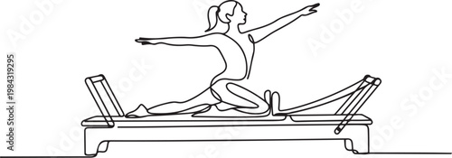 Woman doing pilates using pilates reformer. Pilates concept.one line drawing vector illustration