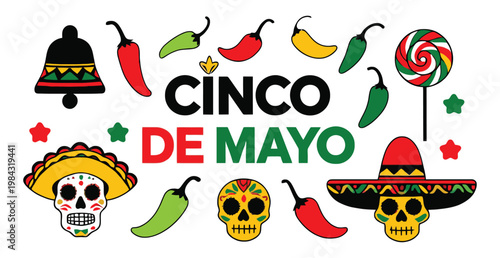 Colorful Cinco de Mayo typography with chili peppers, sombreros, and skulls. Festive Mexican celebration design for parties, posters, and decorations.