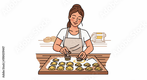 Person making ravioli on a wooden table with a pasta machine in background