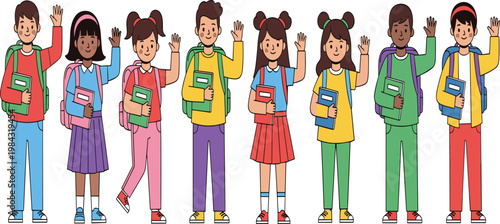 Diverse School Children Waving with Books and Backpacks, Happy Multicultural Kids Characters Vector Illustration for Education, Learning and Back to School Concept.