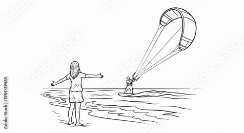 Person on beach watches kiteboarder ride waves