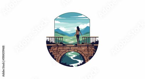 Person on bridge overlooks valley with river and mountains
