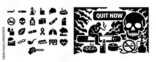 Man smoking surrounded by symbols of addiction and health warnings