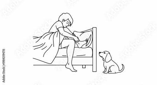 Person on bed, foot pulled up, with a dog looking