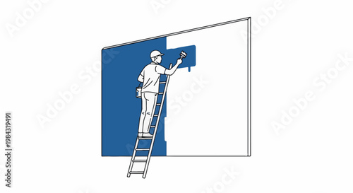 Person on ladder painting wall blue with brush