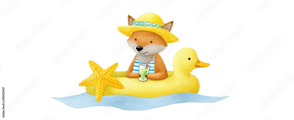 Fototapeta premium Cute fox in hat and shorts sips lemonade on a floatie duck with a starfish.