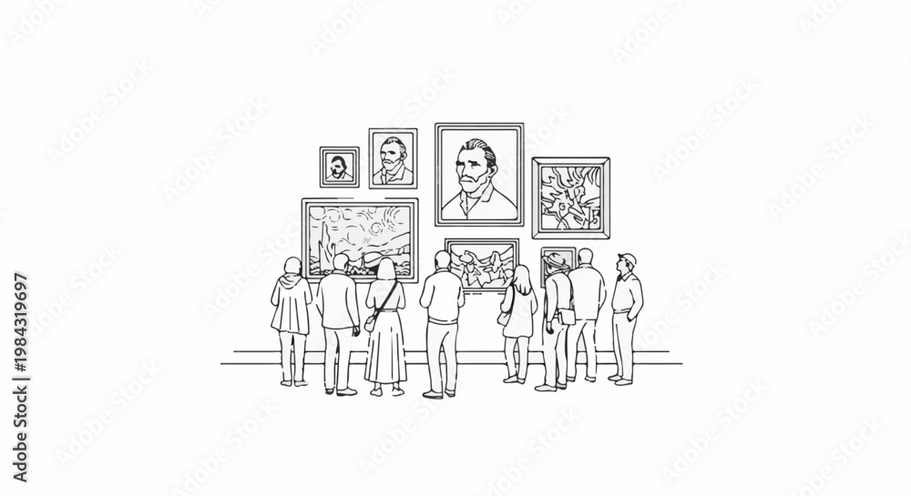 Fototapeta premium People observe framed artworks on a gallery wall in a simple line drawing